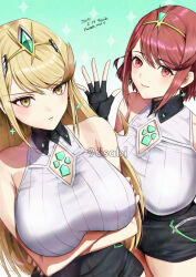 2girls arms_under_breasts bare_shoulders black_skirt blonde_hair breasts brown_eyes brown_hair chest_jewel core_crystal_(xenoblade) cowboy_shot crossed_arms dated earrings fingerless_gloves gloves green_background highres jewelry large_breasts long_hair multiple_girls mythra_(xenoblade) pyra_(xenoblade) shirt short_hair simple_background skirt thank_you tiara white_shirt xenoblade_chronicles_(series) xenoblade_chronicles_2 yamamori_kinako yellow_eyes