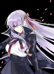 Rule 34 | 1girl, ayanolity, bb (fate), bb (fate/extra), black coat, black skirt, breasts, coat, commentary request, fate/extra, fate/extra ccc, fate (series), hair over one eye, hair ribbon, high-waist skirt, large breasts, long hair, petals, purple eyes, purple hair, ribbon, shirt, skirt, smile, solo, upper body, very long hair, white shirt