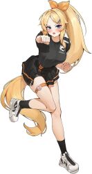 black_shirt black_skirt black_socks black_survival blonde_hair blue_eyes eternal_return:_black_survival highres iiyo125 nicky_blake ponytail punching shirt simple_background skirt socks thigh_strap thighs white_background