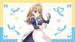 Rule 34 | 1girl, ahoge, alternate costume, apron, black dress, blonde hair, blue bow, blue bowtie, blue eyes, blush, bow, bowtie, braid, breasts, cowboy shot, cup ramen, dress, enmaided, fang, film grain, food, frilled apron, frills, furumi chie, game cg, heart, holding, holding food, holding teapot, izumi tsubasu, long hair, long skirt, long sleeves, looking at viewer, maid, maid apron, medium breasts, non-web source, official art, open mouth, re:stage!, round eyewear, single braid, skin fang, skirt, smile, solo, teapot, white apron