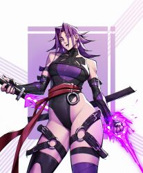 1girl absurdres breasts elbow_gloves gloves highleg highleg_leotard highres holding holding_sword holding_weapon large_breasts leotard long_hair looking_at_viewer marvel marvel_rivals psylocke psylocke_(sai) purple_eyes purple_hair real_sixer121 sash solo superhero_costume sword thighhighs weapon x-men