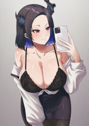 1girl absurdres asymmetrical_horns black_bra black_hair blue_hair bra breasts cellphone cleavage demon_horns drunktatsu grey_background highres holding holding_phone hololive hololive_english horns large_breasts looking_at_phone mole mole_under_eye multicolored_hair nerissa_ravencroft nerissa_ravencroft_(casual) off_shoulder office_lady pantyhose pencil_skirt phone purple_eyes selfie shirt skirt smartphone solo two-tone_hair underwear uneven_horns virtual_youtuber white_shirt