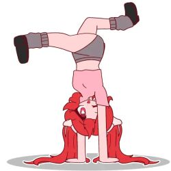 1girl animated animated_gif black_shoes bonbon_(bonzomcbonbon) bow crop_top dot_nose grey_shorts grey_socks hair_bow handstand heart heart-shaped_pupils ketchup_(bonzomcbonbon) long_hair loose_socks midriff one_eye_closed open_mouth original outline pink_bow pink_shirt red_eyes red_hair shirt shoes shorts simple_background smile socks solo symbol-shaped_pupils twintails white_background white_outline