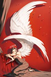 1girl angel_wings armlet bare_shoulders black_armlet black_dress black_eyes black_footwear black_hair blood bloody_weapon breasts cleavage commentary curtains dagger dress earrings english_commentary feathered_wings flower halo high_heels highres holding holding_dagger holding_knife holding_weapon jewelry jung_heewon kneeling knife large_breasts leaning_on_object long_dress long_hair looking_to_the_side omniscient_reader&#039;s_viewpoint papercider red_background red_flower red_rose rose solo strapless strapless_dress thorns train_(clothing) weapon wings
