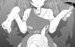 Rule 34 | 2girls, absurdres, apron, aura, breasts, commentary request, eyes out of frame, hammer, haniyasushin keiki, highres, holding, holding another&#039;s arm, holding hammer, jewelry, joutouguu mayumi, long hair, magatama, magatama necklace, medium breasts, multiple girls, necklace, parted bangs, parted lips, pocket, shika miso, short sleeves, single strap, tools, touhou