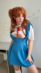 Rule 34 | 1girl, breasts, cosplay, fleurxy, highres, medium breasts, neon genesis evangelion, nipples, photo (medium), red hair, school uniform, skirt, souryuu asuka langley