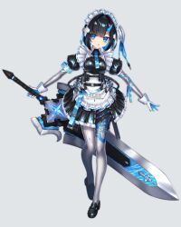 1girl android apron barcode black_dress black_hair black_shoes blue_eyes blue_hair bodysuit breasts colored_inner_hair croire_(vrchat) dress einz_zwei frilled_apron frills full_body gloves greatsword grey_background hair_ornament harness highres holding holding_sword holding_weapon horns huge_weapon latex latex_bodysuit leg_tattoo looking_at_viewer maid maid_apron maid_headdress medium_breasts multicolored_hair puffy_sleeves shiny_clothes shoes short_hair short_sleeves simple_background single_horn skin_tight solo standing sword tattoo two-tone_hair vrchat weapon
