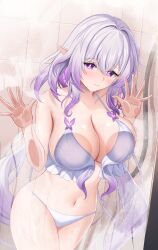 1girl absurdres against_glass alternate_costume bare_shoulders bikini blush breast_press breasts breasts_on_glass bright_pupils castorice_(honkai:_star_rail) closed_mouth collarbone commentary_request cowboy_shot embarrassed gradient_hair hair_intakes hand_on_glass highres honkai:_star_rail honkai_(series) indoors large_breasts long_hair looking_at_viewer multicolored_hair navel pointy_ears purple_eyes purple_hair shouhaku0512 shower_(place) sidelocks solo stomach swimsuit tile_wall tiles very_long_hair wet white_bikini white_pupils