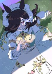 1girl alternate_hairstyle animal_ears black_hair breasts clenched_hands commentary_request disney_o626 glowing glowing_eye grass hair_ornament highres horse_girl long_hair looking_at_viewer official_alternate_costume purple_eyes rice_shower_(umamusume) rice_shower_(yummy_dreamy_fairy)_(umamusume) scene_reference small_breasts solo umamusume