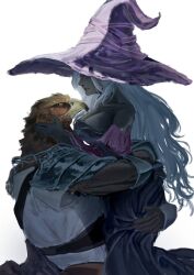1boy 1girl aka_boguma armor bare_shoulders beak bird_wings black_dress breasts brown_gloves cleavage closed_eyes colored_eyelashes commentary dress elden_ring elden_ring_nightreign feathers from_side gloves guardian_(elden_ring) hat hug knight large_breasts large_hat long_hair pauldrons recluse_(elden_ring) shirt shoulder_armor smile upper_body wavy_hair white_eyelashes white_hair white_shirt wings witch witch_hat yellow_eyes