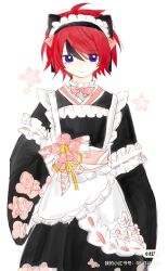 1boy ahoge apron black_hair blue_eyes closed_mouth crossdressing looking_at_viewer maid maid_apron maid_headdress male_focus messy_hair multicolored_eyes multicolored_hair red_eyes red_hair simple_background solo solo_focus standing sumino_takumi the_hundred_line_-last_defense_academy- white_background