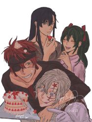 1girl 3boys allen_walker birthday birthday_cake black_hair black_headband black_shirt blue_eyes blush bow brown_vest cake chewing closed_eyes collarbone d.gray-man earrings eyepatch facial_mark facing_another food food_on_face food_on_hair fruit gloves green_eyes green_hair grey_eyes grey_shirt grin hair_between_eyes hair_bow hand_on_own_chin happy_birthday head_hug headband highres holding holding_cake holding_food holding_fruit hoop_earrings hug hug_from_behind jewelry kanda_yuu laughing lavi lenalee_lee long_hair long_sleeves looking_at_another looking_at_food messy_hair multiple_boys one_eye_covered open_mouth pink_shirt pointing pointing_at_object red_bow red_hair scar scar_across_eye scar_on_face shirt short_hair short_sleeves side_slit sidelocks signature simple_background smile star_(symbol) star_facial_mark strawberry striped_clothes striped_shirt stud_earrings tongue tongue_out twitter_username two_side_up vertical-striped_clothes vertical-striped_shirt vest vomo white_background white_gloves white_hair white_shirt