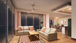 apartment balcony bistro_table ceiling_fan cloud cloudy_sky couch curtains dining_room hanging_plant highres indoors night no_humans non-web_source official_art orange_light our_life:_beginnings_and_always pillow plant potted_plant railing refrigerator rug sky table wooden_chair wooden_table