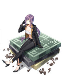 1girl :o aeri_(closers) black_gloves black_jacket black_pants black_shoes blue_eyes breasts chest_sarashi cleavage closers collarbone full_body gloves hand_up high_heels highres holding holding_phone jacket large_breasts long_hair long_sleeves looking_ahead low_ponytail mole mole_under_mouth navel official_art open_clothes open_jacket open_mouth pants phone ponytail purple_hair sarashi shoes simple_background sitting solo stomach very_long_hair white_background