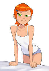1girl ben_10 breasts camisole cleavage earrings green_eyes grey_panties gwen_tennyson hair_ornament hairclip highres jewelry leaning_forward newguy1091 orange_hair panties short_hair small_breasts smile solo stud_earrings underwear white_camisole