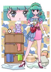 Rule 34 | 1girl, alarm clock, analog clock, bag, blue eyes, chest of drawers, choker, clock, closed mouth, collarbone, dress, earrings, eyelashes, flower, fujishima moyu, gloves, green hair, hairband, handbag, hat, heart-shaped bag, high heels, highres, jewelry, original, pink choker, pink dress, pink hairband, purple footwear, stuffed animal, stuffed toy, sunflower, white gloves, zoom layer