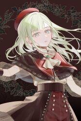 1girl :o absurdres ascot bang_dream! bang_dream!_it&#039;s_mygo!!!!! beret black_background black_capelet black_collar black_overskirt black_sleeve_cuffs brown_background buttons capelet collar commentary cowboy_shot earrings floating_hair floral_background fondy_(fondy1999) frilled_collar frills gradient_background green_brooch green_hair hat highres jewelry long_hair long_sleeves looking_at_viewer mortis_(bang_dream!) mortis_(costume)_(bang_dream!) parted_lips red_capelet red_hat red_shorts see-through_clothes see-through_sleeves shirt shorts solo three_quarter_view wakaba_mutsumi yellow_ascot yellow_eyes yellow_shirt