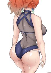 1girl absurdres ass back breasts butt_crack curvy daruko536 facing_away from_behind highres hololive hololive_english large_breasts one-piece_swimsuit orange_hair perfume_(takanashi_kiara) simple_background solo swimsuit takanashi_kiara virtual_youtuber wet white_background