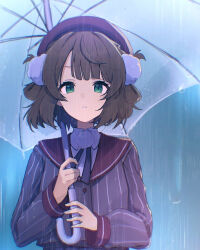 1girl beret blonde_hair blue_ribbon blunt_bangs braid buttons collared_shirt double-breasted dress_shirt green_eyes grey_jacket hair_ornament hair_rings hat holding holding_umbrella indie_virtual_youtuber jacket long_sleeves looking_at_viewer mocchan_(mo_chan0225) neck_ribbon open_umbrella parted_lips pinstripe_jacket pinstripe_pattern pom_pom_(clothes) pom_pom_hair_ornament rain red_hat red_sailor_collar ribbon sailor_collar school_uniform shigure_ui_(vtuber) shigure_ui_(vtuber)_(1st_costume) shirt short_hair side_braid sleeve_cuffs solo straight-on swept_bangs umbrella upper_body virtual_youtuber white_shirt