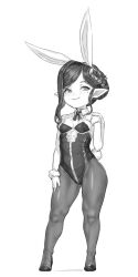 1girl absurdres animal_ears arulumaya breasts fake_animal_ears full_body granblue_fantasy greyscale harvin highres leotard looking_at_viewer monochrome pantyhose playboy_bunny pointy_ears rabbit_ears small_breasts smile solo yggsil