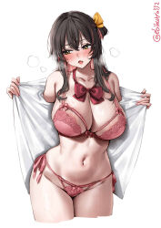1girl areola_slip artist_name averting_eyes black_hair blush bow bowtie bra breasts cleavage commentary cropped_legs ebifurya highres kantai_collection large_breasts long_hair multicolored_hair naganami_(kancolle) open_clothes open_mouth open_shirt panties pink_bra pink_hair pink_panties red_bow red_bowtie shirt side-tie_panties solo stomach sweat twitter_username two-tone_hair underwear white_background white_shirt yellow_eyes