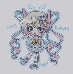 1girl :d blonde_hair blue_eyes blue_hair blue_outline blue_serafuku bow chest_bow chibi chibi_only chouzetsusaikawa_tenshi-chan clenched_hand colored_tips drawn_wings full_body grey_background hair_bow hand_up highres looking_at_viewer multicolored_hair multiple_hair_bows needy_girl_overdose open_mouth outline outstretched_arms pink_hair platform_shoes quad_tails reno_(re_leno) school_uniform serafuku smile