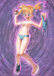 1girl abstract_background angry bikini blue_bikini blue_eyes blush bo_(bo) breasts collarbone embarrassed female_focus hair_tie holding holding_unworn_clothes medium_breasts misty_(pokemon) navel nintendo nipples official_style one_shoe orange_hair panties petite pokemon pokemon_rgby short_hair side_ponytail solo swimsuit topless_female underwear