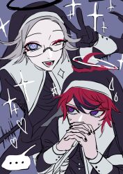 ... 2boys :d absurdres ahoge aotsuki_eito arm_up black_dress black_gloves black_halo black_nails black_streaks black_veil blood blue_eyes coif commentary dress eyeliner glasses gloves grey_background grey_hair guimpe halo hands_up heart highres latte1023627 long_dress long_sleeves looking_at_another looking_at_viewer makeup male_focus multicolored_hair multiple_boys nun one_eye_closed open_mouth own_hands_clasped own_hands_together purple_eyes red_eyeliner red_hair short_hair simple_background smile sparkle speech_bubble streaked_hair sumino_takumi sweatdrop symbol-only_commentary the_hundred_line_-last_defense_academy- traditional_nun v veil white_coif white_halo