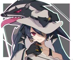 1girl bare_shoulders black_bow black_gloves black_ribbon blue_hair border bow closed_mouth collarbone commentary dark_miku_(project_voltage) dress earrings gen_8_pokemon gloves hair_between_eyes hair_ribbon hand_up hat hat_bow hatsune_miku highres holding holding_poke_ball jewelry long_hair long_sleeves looking_at_viewer luxury_ball nintendo obstagoon outside_border poke_ball pokemon pokemon_(creature) project_voltage rageno0000 red_eyes ribbon shaded_face sharp_teeth smile teeth tongue tongue_out twintails vocaloid white_border white_dress white_headwear