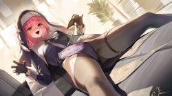 1girl black_gloves blue_leotard blush breasts brown_pantyhose character_request claw_pose counter:side fangs gloves highleg highleg_leotard highres indoors leotard long_sleeves looking_at_viewer manda_(luts7602) nun open_mouth pantyhose pink_hair short_hair small_breasts smile yellow_eyes