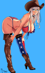 1girl absurdres american_flag american_flag_bikini american_flag_print ass asymmetrical_footwear bare_shoulders bikini blue_eyes blush boots breasts brown_hat choker cleavage cowboy_hat fate/grand_order fate_(series) flag_print flag_print_bikini hat high_heel_boots high_heels highres large_breasts long_hair looking_at_viewer miyamoto_musashi_(fate) miyamoto_musashi_(fate/grand_order) miyamoto_musashi_(swimsuit_berserker)_(fate) miyamoto_musashi_(swimsuit_berserker)_(second_ascension)_(fate) navel oldmanjenkins84 print_bikini smile solo swept_bangs swimsuit thighhighs