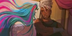 1boy 1girl arcane:_league_of_legends arcane_jinx arm_tattoo artist_name biceps blue_hair brown_lips closed_eyes dark-skinned_male dark_skin ekko_(league_of_legends) firelight_ekko hetero highres interracial jinx_(league_of_legends) kammi_lu kinky_hair league_of_legends long_hair parted_lips red_lips straight_hair tank_top tattoo toned toned_male white_hair