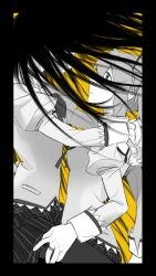 Rule 34 | 2girls, akemi homura, avanes d, black border, black hair, black pantyhose, border, grey hair, highres, holding another&#039;s thighs, jewelry, juliet sleeves, kaname madoka, lace, lace-trimmed shirt, lace trim, long hair, long sleeves, looking at another, mahou shoujo madoka magica, mahou shoujo madoka magica (anime), mitakihara school uniform, multiple girls, pantyhose, partially colored, plaid clothes, plaid skirt, puffy sleeves, ribbon, ring, school uniform, shirt, short twintails, skirt, straddling, twintails, upright straddle, yellow background