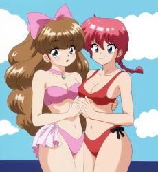 2girls ai-generated bikini blue_sky cloud holding_hands multiple_girls ranma-chan ranma_1/2 shiratori_azusa sky swimsuit water