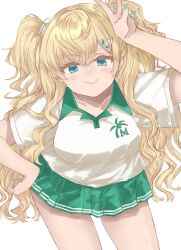 1girl az_toride blonde_hair breasts contrast_collar green_skirt grey_eyes hair_ornament hairclip highres kantai_collection leaning_forward looking_at_viewer minneapolis_(kancolle) minneapolis_(tennis)_(kancolle) official_alternate_costume pleated_skirt polo_shirt shirt simple_background skirt smile solo sportswear tennis_skirt tennis_uniform two_side_up v wavy_hair white_background white_shirt
