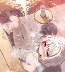 1girl absurdres barefoot blush breasts closed_mouth enga from_above full_body grey_hair highres knees_up long_hair looking_at_viewer looking_up navel nipples original partially_submerged small_breasts solo tokkuri water white_hair yellow_eyes