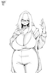 1girl absurdres artist_name bangs_pinned_back bare_shoulders breasts cleavage commentary cowboy_shot curvy folded_hair greyscale grin hair_pulled_back highres huge_breasts inne_sulistya_robin long_hair looking_at_viewer monochrome norman_maggot off_shoulder open_hand original pants simple_background smile solo sports_bra symbol-only_commentary white_background yoga_pants