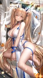 1girl absurdres azur_lane bare_shoulders barefoot blue_choker blue_ribbon blush breasts choker foot_out_of_frame formidable_(anniversary_memories)_(azur_lane) formidable_(azur_lane) heatia highres large_breasts long_hair looking_at_viewer official_alternate_costume parted_lips red_eyes ribbon solo thighs twitter_username very_long_hair