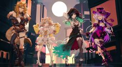 4girls animal_ears arm_behind_head asymmetrical_clothes asymmetrical_footwear bicorne black_corset black_footwear black_gloves black_hair black_hat black_jacket black_pants black_skirt blonde_hair bow braid breasts cersea_soulstorm chain cleavage cleavage_cutout clothing_cutout colored_inner_hair corset daisy_dandelion eyepatch footwear_bow fur-trimmed_jacket fur_trim gloves green_eyes green_footwear green_hair green_ribbon hair_between_eyes hair_ornament hat hyena_ears hyena_tail idol_corp inami_yoki_(artist) jacket leg_ribbon leotard lion_ears lion_girl lion_tail mismatched_footwear mole mole_under_eye mole_under_mouth multicolored_hair multiple_girls nail_polish one_eye_closed open_clothes open_jacket orange_hair pants pom_pom_(clothes) pom_pom_hair_ornament ribbon riki_poppet sharp_teeth shirt single_pantsleg single_sleeve single_thighhigh skirt spiked_boots striped_clothes striped_thighhighs studded_jacket sun symbol-shaped_pupils tail tank_top teeth thigh_strap thighhighs torn_ribbon twin_braids virtual_youtuber white_footwear white_leotard white_shirt white_sleeves white_tank_top x-shaped_pupils yellow_eyes yellow_jacket yena_youngblood