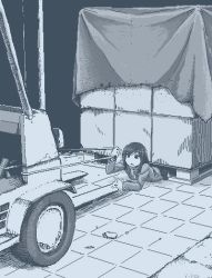 1girl blazer empty_eyes forklift hamsterfragment hand_up holding holding_rope jacket jaggy_lines long_sleeves lying medium_hair monochrome no_pupils on_stomach open_mouth original cargo_pallet rope solo suicidal_girl_(hamsterfragment) tile_floor tiles wheel wide_shot