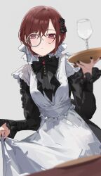 1girl absurdres apron black_bow bow brown_eyes brown_hair clothes_lift cup drinking_glass eimizzzzz expressionless flower frills gem hair_flower hair_ornament highres higuchi_madoka holding holding_tray idolmaster idolmaster_shiny_colors maid maid_apron mole mole_under_eye monocle nail_polish red_gemstone scrunchie simple_background skirt skirt_lift sleeves_past_wrists solo standing table thighhighs tray white_apron white_scrunchie wine_glass