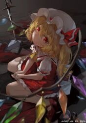 1girl ascot blonde_hair book collared_shirt dated flandre_scarlet frilled_shirt_collar frilled_skirt frills full_body hat hat_ribbon highres long_hair looking_at_viewer mary_janes mob_cap one_side_up planted planted_sword planted_weapon puffy_short_sleeves puffy_sleeves red_eyes red_ribbon red_shoes red_skirt red_vest ribbon shijiu_(shizuoxing) shirt shoes short_sleeves signature sitting skirt solo sword touhou vest wariza weapon white_hat white_shirt wings yellow_ascot
