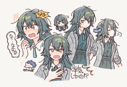 1girl anger_vein antenna_hair black_skirt blush chibi chibigurumi coat commentary_request cropped_legs cropped_torso doch1_suki facing_away gakuen_idolmaster glaring green_eyes green_hair green_shirt grey_coat hair_flaps hand_on_own_chest hedgehog idolmaster long_hair looking_ahead looking_at_viewer multiple_views puff_of_air shirt simple_background skirt speech_bubble sweatdrop tears translation_request tsukimura_temari very_long_hair
