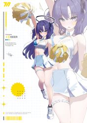 1girl :o absurdres alternate_costume arm_up barcode blue_archive blush breasts cleavage commentary full_body halo highres holding holding_pom_poms linea_alba long_hair looking_at_viewer medium_breasts midriff millennium_cheerleader_outfit_(blue_archive) miniskirt navel outline pleated_skirt pom_pom_(cheerleading) pom_poms purple_eyes purple_hair shoes skindentation skirt sneakers sports_bra star_sticker sticker_on_face sukoyaka_konbu sweat two-tone_sports_bra two_side_up very_long_hair white_outline white_shoes white_skirt yuuka_(blue_archive) zoom_layer