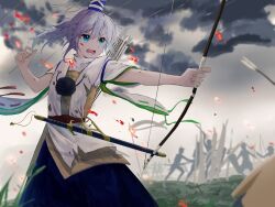 1girl 6+others absurdres arrow_(projectile) battle blue_eyes blue_hat blue_skirt bow_(weapon) cloud commentary_request cowboy_shot fire grey_hair grey_sky hat highres holding holding_bow_(weapon) holding_weapon lower_teeth_only mononobe_no_futo multiple_others open_mouth outdoors quiver roowen_taro scabbard sheath shirt short_hair skirt sky solo_focus sword tate_eboshi teeth touhou weapon white_shirt