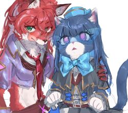 animal animalization blue-tinted_eyewear blue_fur blue_hat body_fur cat clothed_animal dog evil_twin_ki-sikil evil_twin_lil-la green_eyes hat jacket ki-sikil_(yu-gi-oh!) lil-la_(yu-gi-oh!) purple_jacket red-tinted_eyewear red_fur simple_background slit_pupils sunglasses tinted_eyewear white_background winter_snow yu-gi-oh!