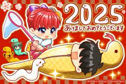 1boy 2025 2girls animal_costume artist_request bad_tag beaded_hair_ornament beads black_eyes blush bow butterfly_net chibi chibi_only chinese_zodiac commentary company_name copyright_notice covered_eyes dated dot_nose english_commentary eyelashes floral_print floral_print_kimono floral_print_sleeves flower fujisaki_shiori green_eyes green_hair hair_bobbles hair_bow hair_bun hair_flower hair_ornament hair_over_eyes hair_rings half_updo hand_net holding holding_butterfly_net japanese_clothes killer_koala kimono koala konami looking_at_another multiple_girls new_year obi official_art open_mouth outline pink_eyes pink_hair pink_kimono pink_sleeves print_kimono print_sleeves puffy-trimmed_kimono purple_bow red_background sash second-party_source snake snake_costume sparkle sweatdrop takami_naoto tatebayashi_miharu tokimeki_memorial tokimeki_memorial_1 tongue translation_request v-shaped_eyes white_outline year_of_the_snake yellow_flower yellow_outline zipper zipper_pull_tab