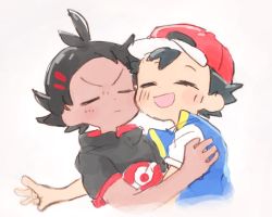 2boys annoyed ash_ketchum baseball_cap black_hair blue_vest blush cheek-to-cheek closed_eyes commentary_request dark-skinned_male dark_skin ecstasy embarrassed goh_(pokemon) grey_shirt hair_ornament hairclip hat heads_together kurage2535 male_focus multiple_boys nintendo open_mouth pokemon pokemon_(anime) pokemon_journeys shirt simple_background spiked_hair upper_body vest white_background white_shirt