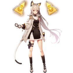 1girl animal_ears ankle_socks arm_at_side artist_request badge belt belt_buckle black_belt black_bow black_sleeve_cuffs black_socks bow buckle cat_ears cat_tail closed_mouth coat coat_pouch collar collared_coat collared_shirt dress_shirt fake_animal_ears final_gear floating floating_object full_body glasses grey_hair hair_between_eyes highres holding holding_removed_eyewear horizontal-striped_socks layered_clothes legs_apart long_hair long_sidelocks long_sleeves mechanical_ears michaelia_(final_gear) multicolored_coat official_art pink_eyes pocket pouch round_eyewear shirt sidelocks simple_background sleeve_cuffs sleeve_pouch three-quarter_sleeves smile socks solo standing straight_hair tachi-e tail thigh_strap third-party_source transparent_background triangle two-tone_coat two-tone_tail undershirt unworn_eyewear very_long_hair white_coat white_collar white_footwear white_pouch white_shirt white_sleeves zipper zipper_pull_tab