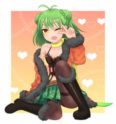 1girl antenna_hair belt boots brown_boots double_bun emil_chronicle_online fang green_hair green_skirt hair_bun jacket moran_alma naruto_(oyuimo) one_eye_closed open_mouth orange_jacket panties panties_under_pantyhose pantyhose sitting skirt underwear undressing yellow_eyes